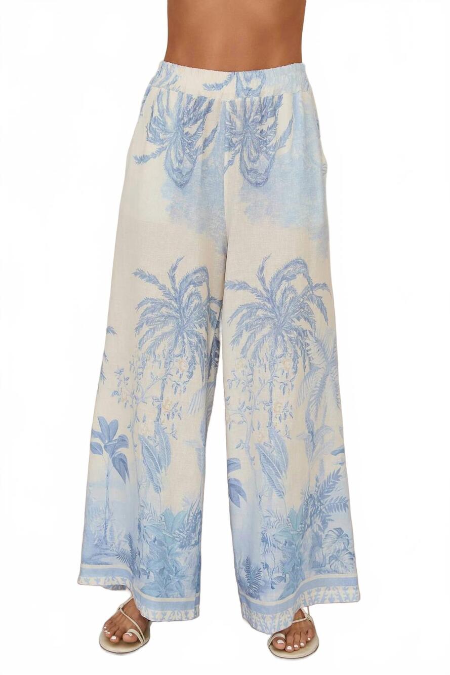 NEW MILIO MILANO tropical palm tree wide-leg linen pants in cream / blue